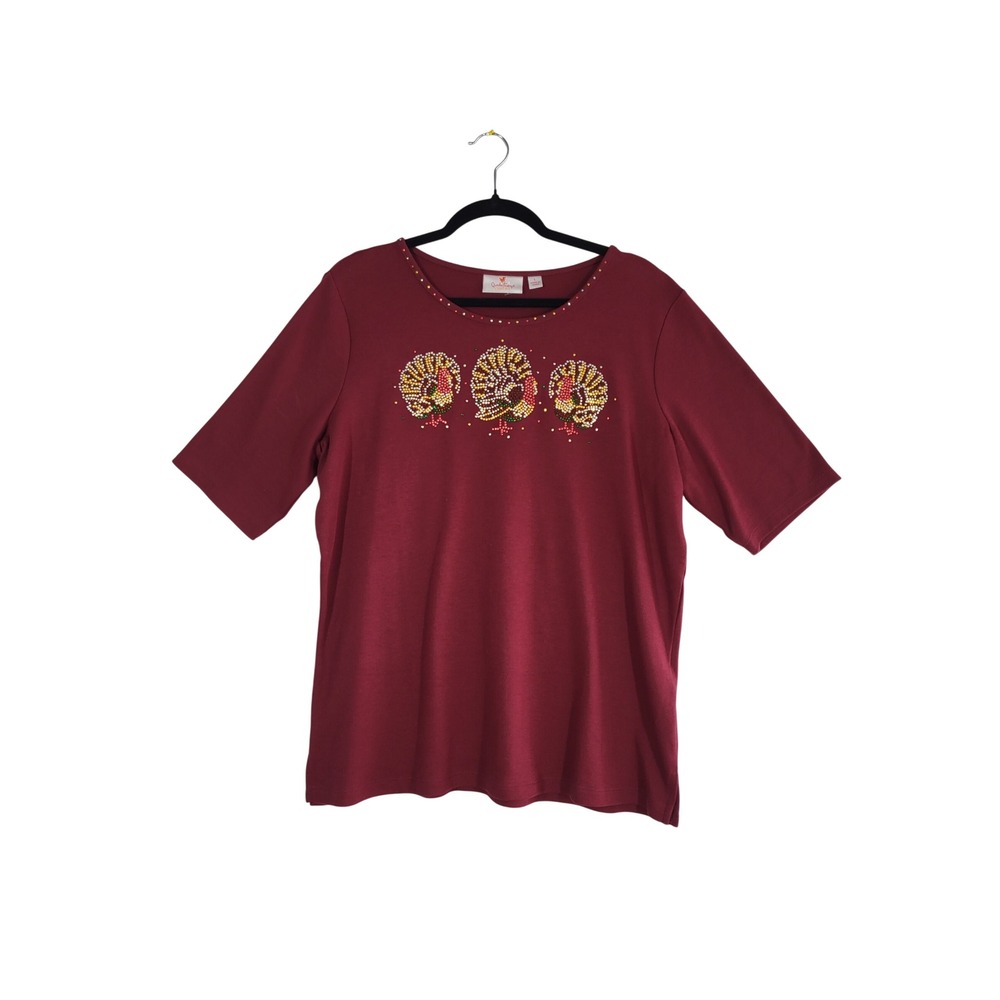 Quacker Factory Thanksgiving Turkey Top Women L Burgundy Rhinestone Short Sleeve